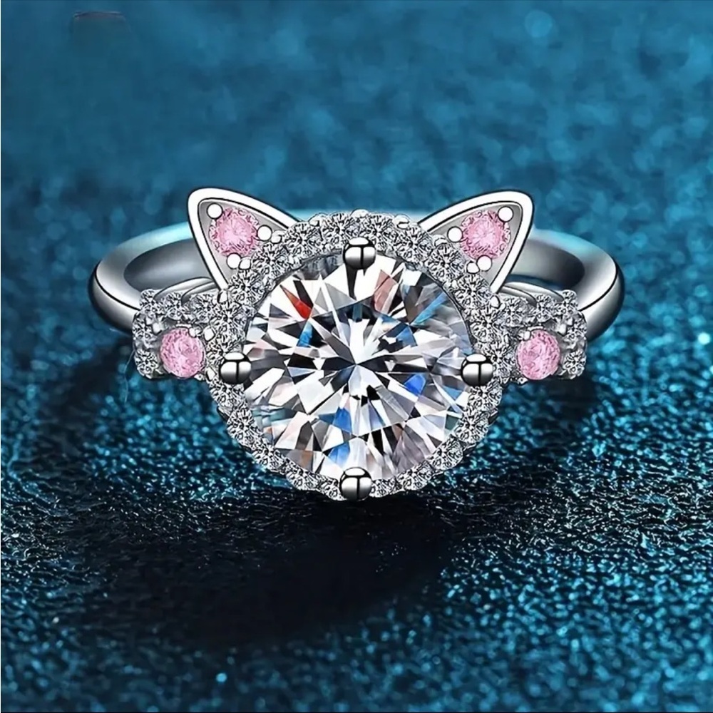 Pink Rhinestone Cat-Shaped Silver Ring - Picture 2 of 6